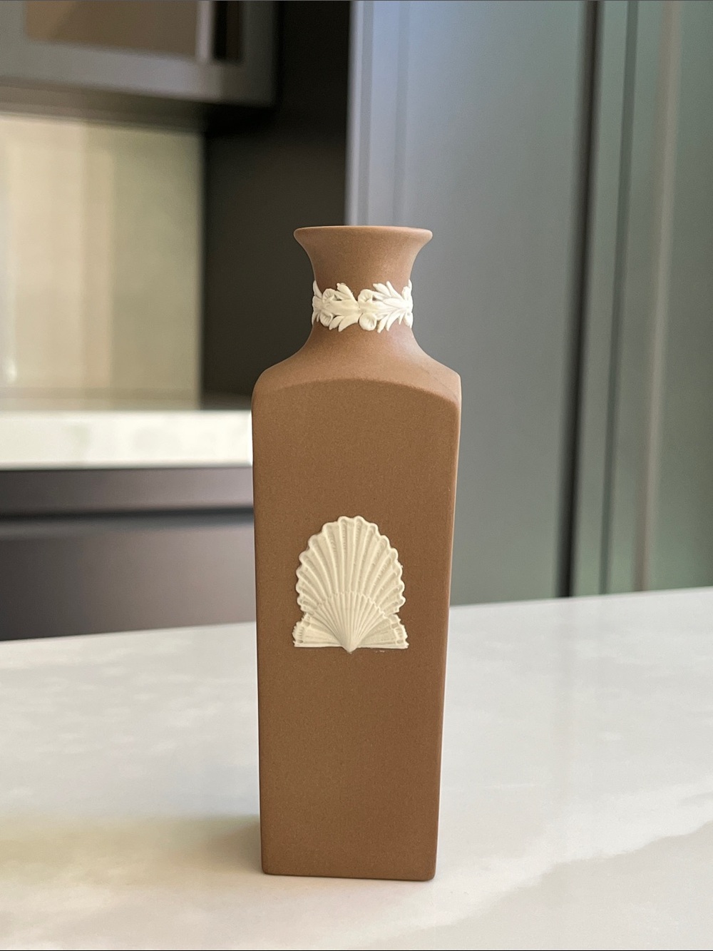 Wedgwood Jasperware Vase. Brown Jasperware Shell Square Vase. Pristine.